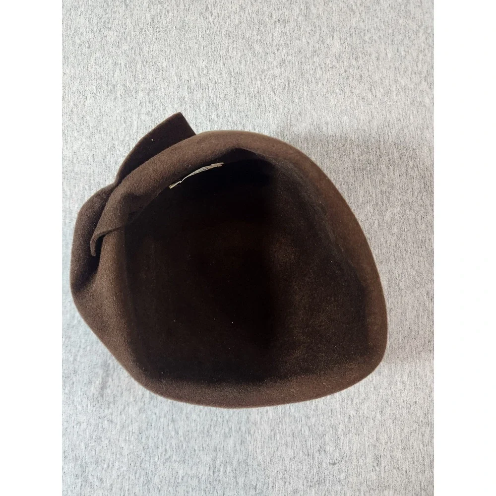 Saks Fifth Avenue Pillbox Hat Womens OS Brown Felt Folded Brim Made in Italy